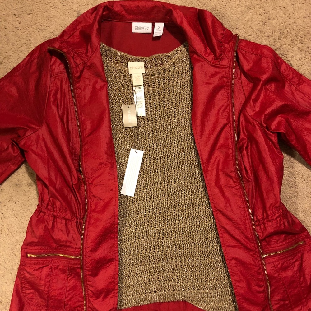 BUNDLE Chico’s Gold Sweater & Red Windbreaker